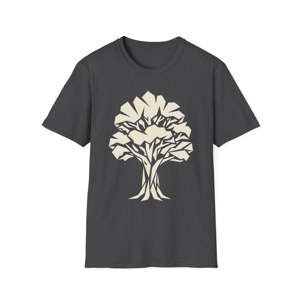 Dark charcoal t-shirt with light-colored geometric tree silhouette graphic on the front