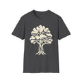 Dark charcoal t-shirt with light-colored geometric tree silhouette graphic on the front