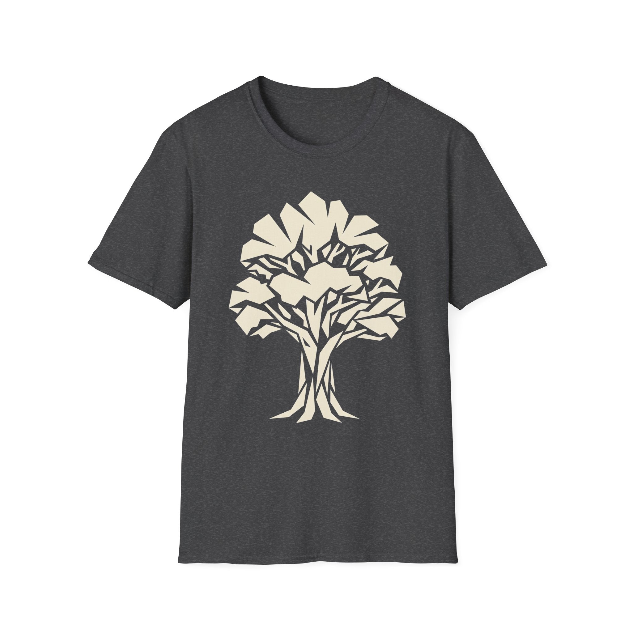 Dark charcoal t-shirt with light-colored geometric tree silhouette graphic on the front