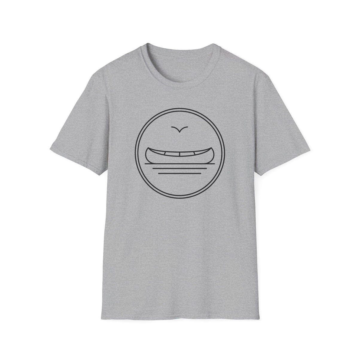 Heather gray T-shirt with black circular canoe graphic on the chest