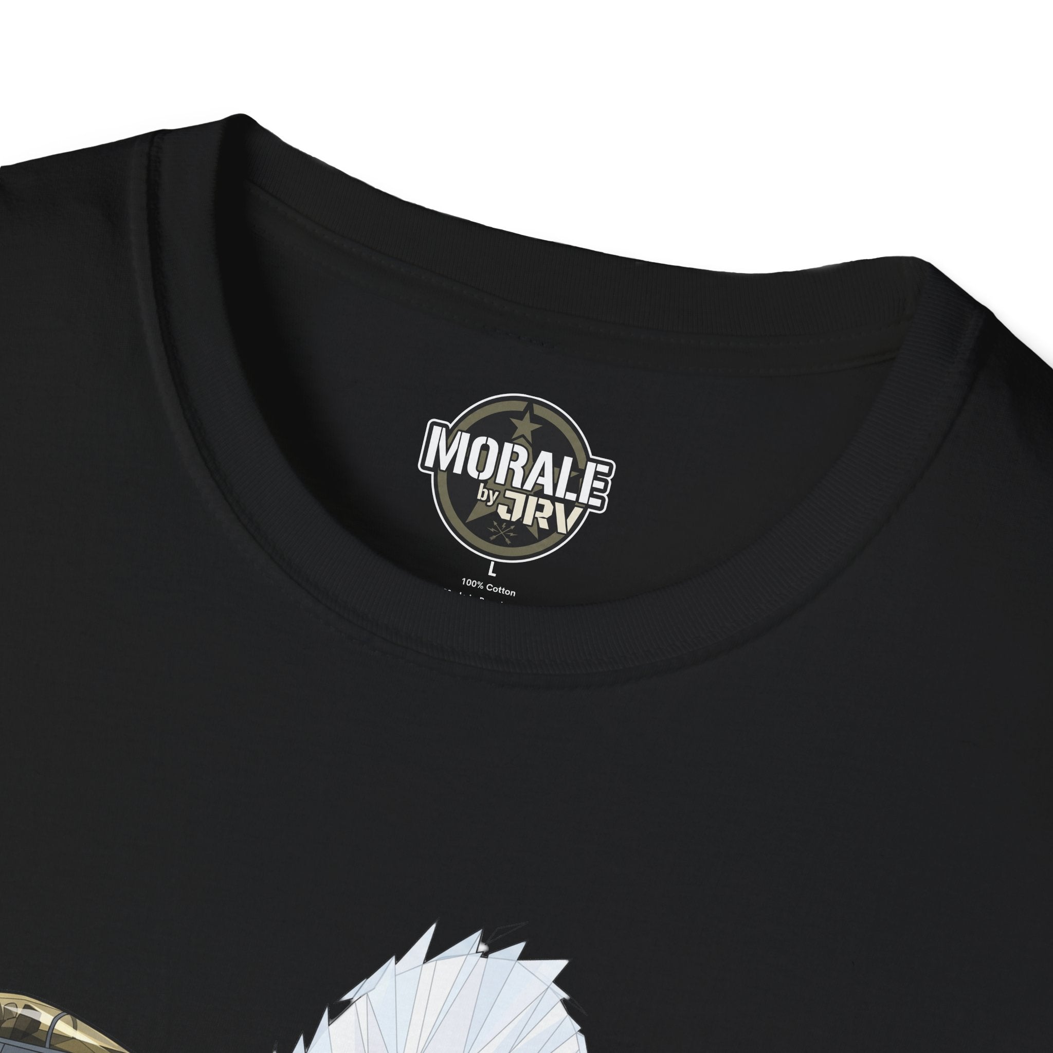 Black T-shirt neckline with Morale by Arri label and partial jet graphic