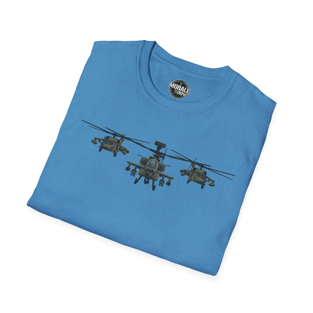 Blue tri-helicopter graphic T-shirt with “MORALE by DRV” neck logo