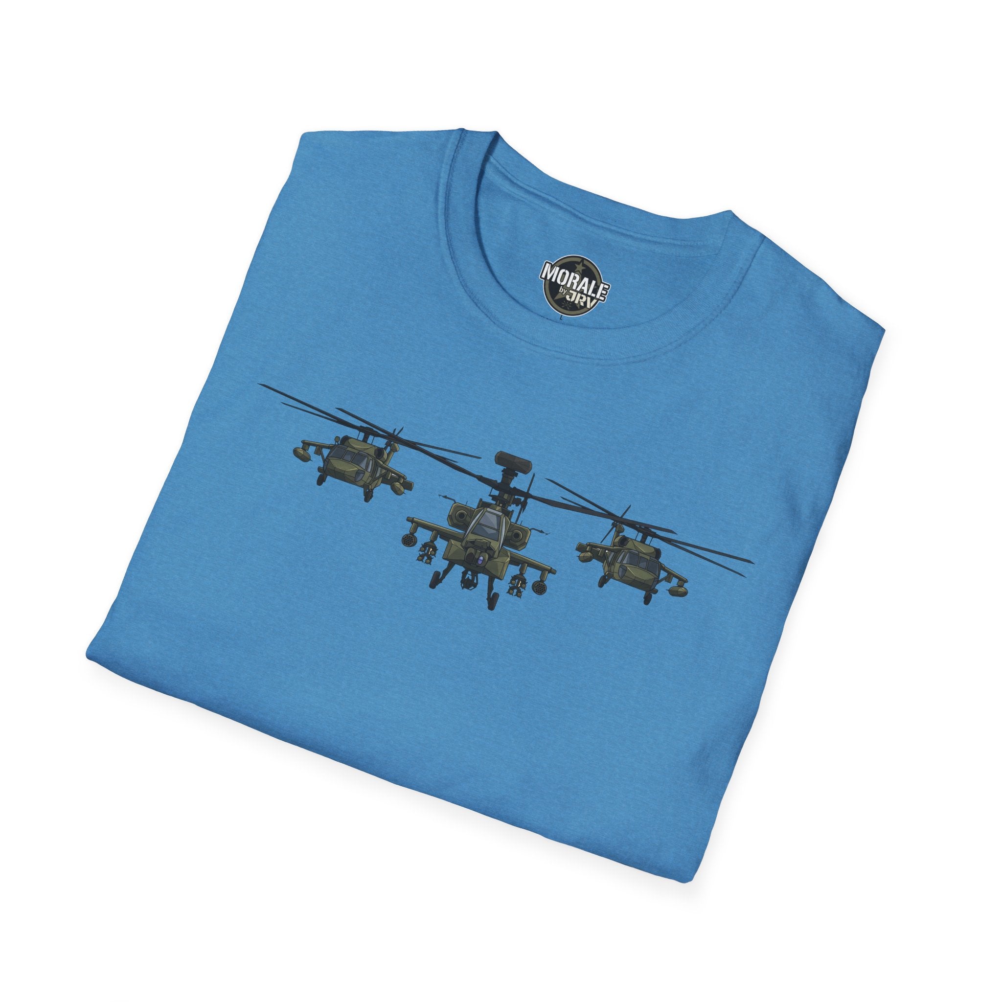Blue tri-helicopter graphic T-shirt with “MORALE by DRV” neck logo