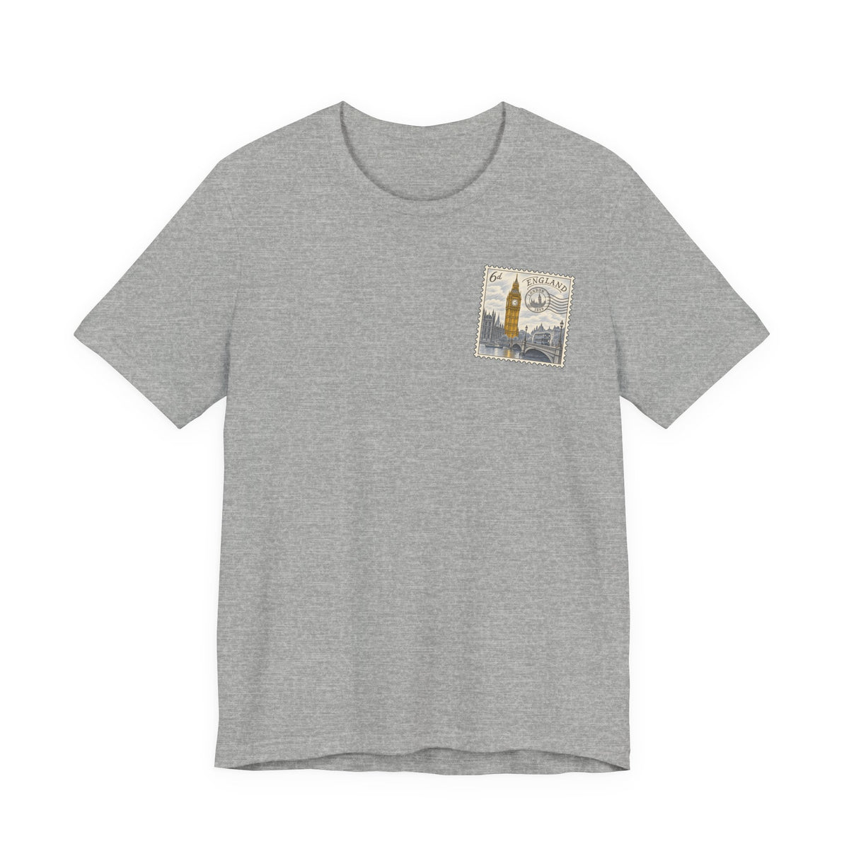 Men's light gray travel t-shirt with small vintage postage stamp-style tower graphic