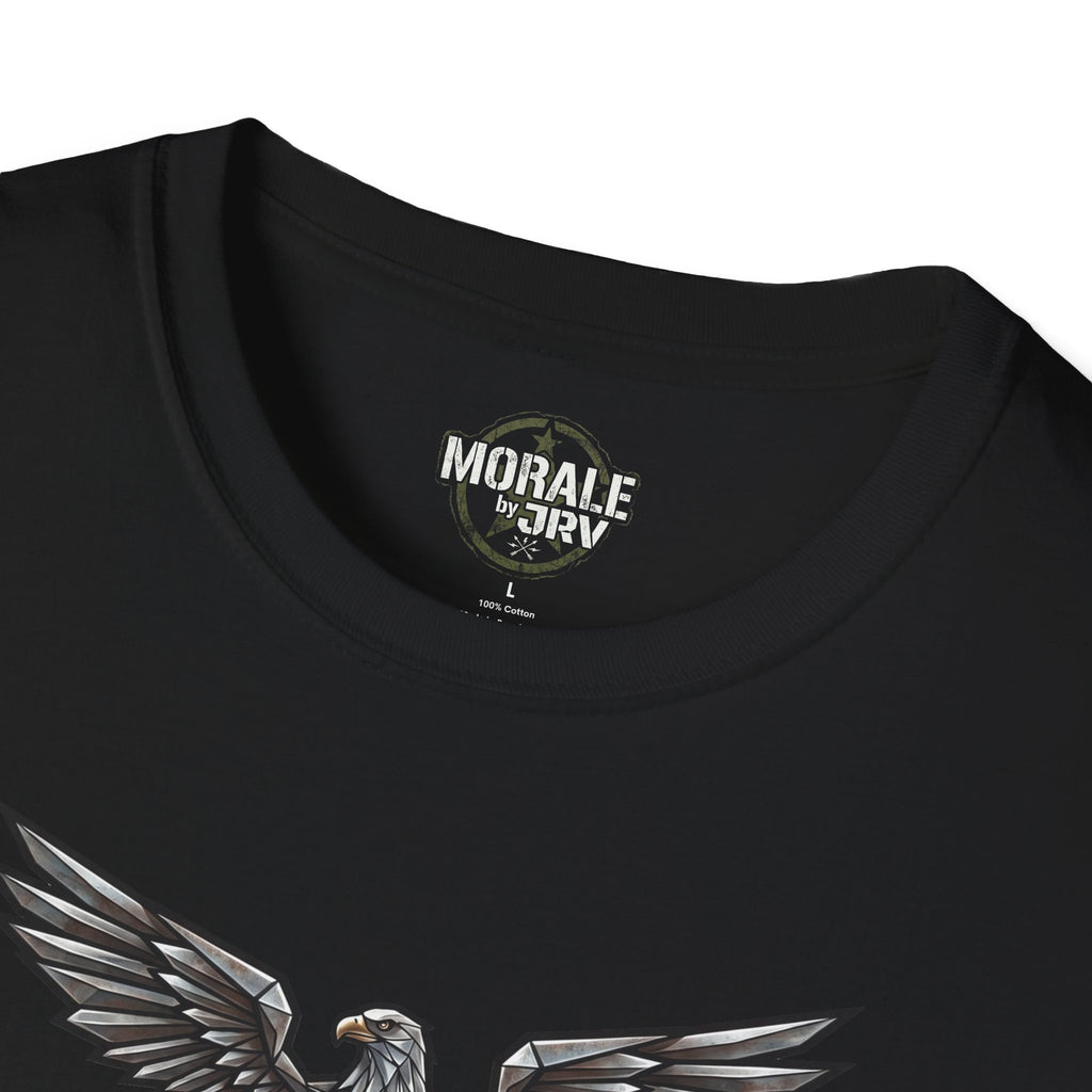 Black crew-neck T-shirt with chest logo label and partial eagle wing print