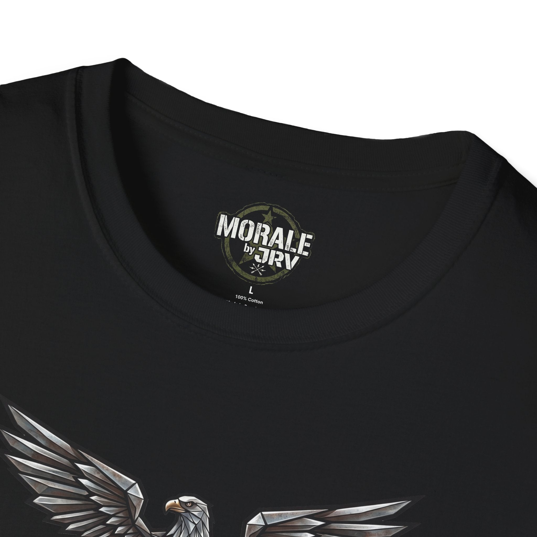 Black crew-neck T-shirt with chest logo label and partial eagle wing print