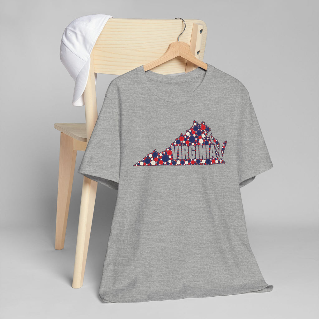 Heather gray crew-neck t-shirt with dotted Virginia graphic on the front.
