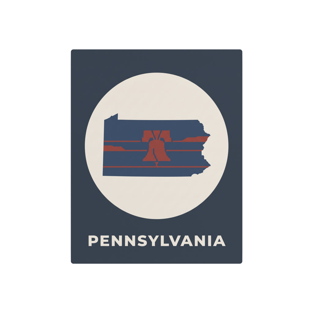 Rectangular dark blue Pennsylvania Liberty Bell outline metal sign with oval emblem and PENNSYLVANIA