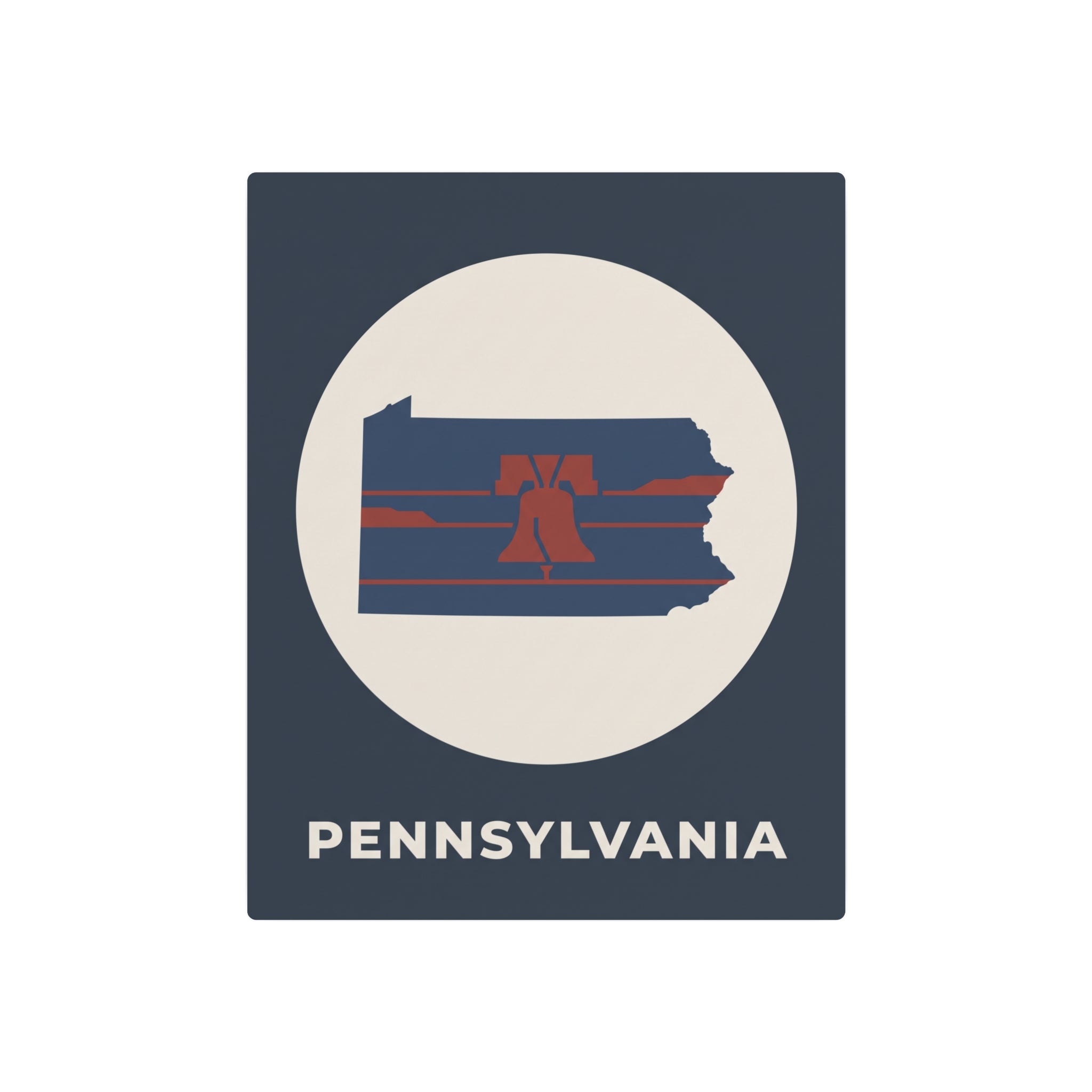 Rectangular dark blue Pennsylvania Liberty Bell outline metal sign with oval emblem and PENNSYLVANIA
