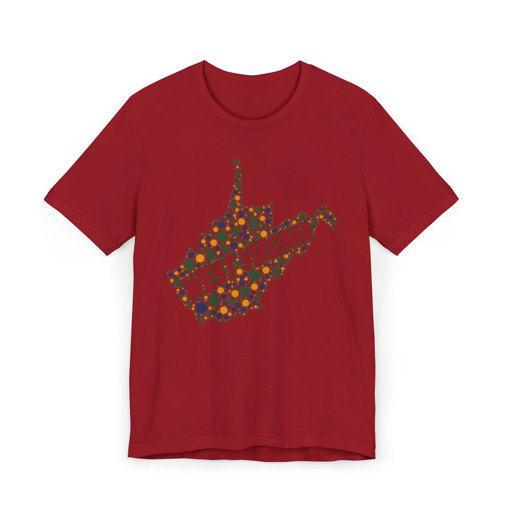 Red T-shirt with dotted West Virginia map and “WEST VIRGINIA” text graphic