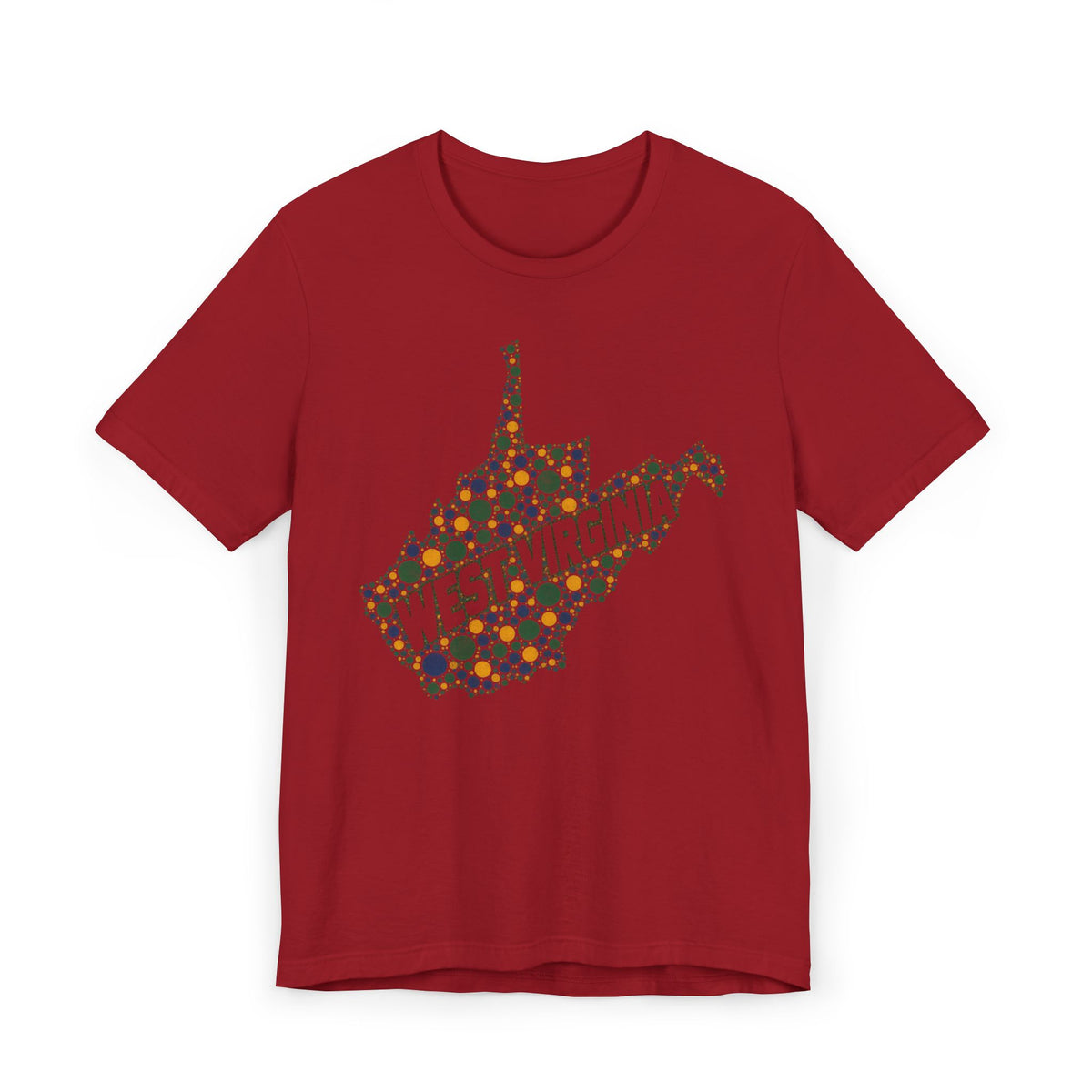Red T-shirt with dotted West Virginia map and “WEST VIRGINIA” text graphic