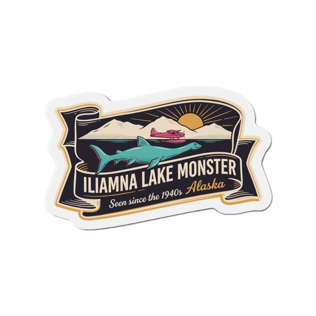 Die-cut lake monster magnet with sticker border and text "Seen since the 1940s"