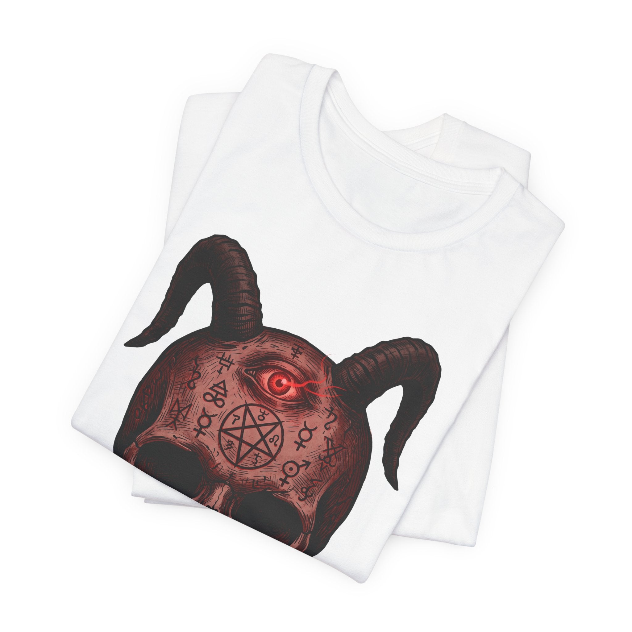 White unisex T-shirts with horned skull demon face graphic