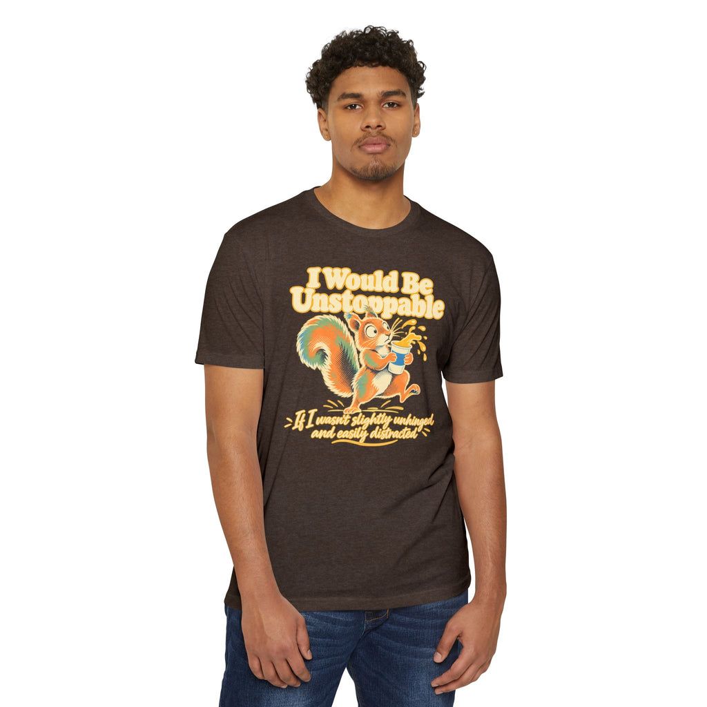 Graphic t-shirt, brown, squirrel illustration with humorous text on front