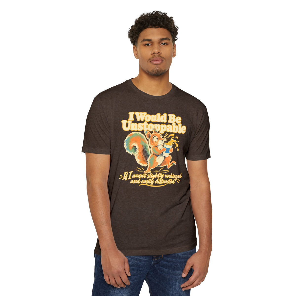 Graphic t-shirt, brown, squirrel illustration with humorous text on front