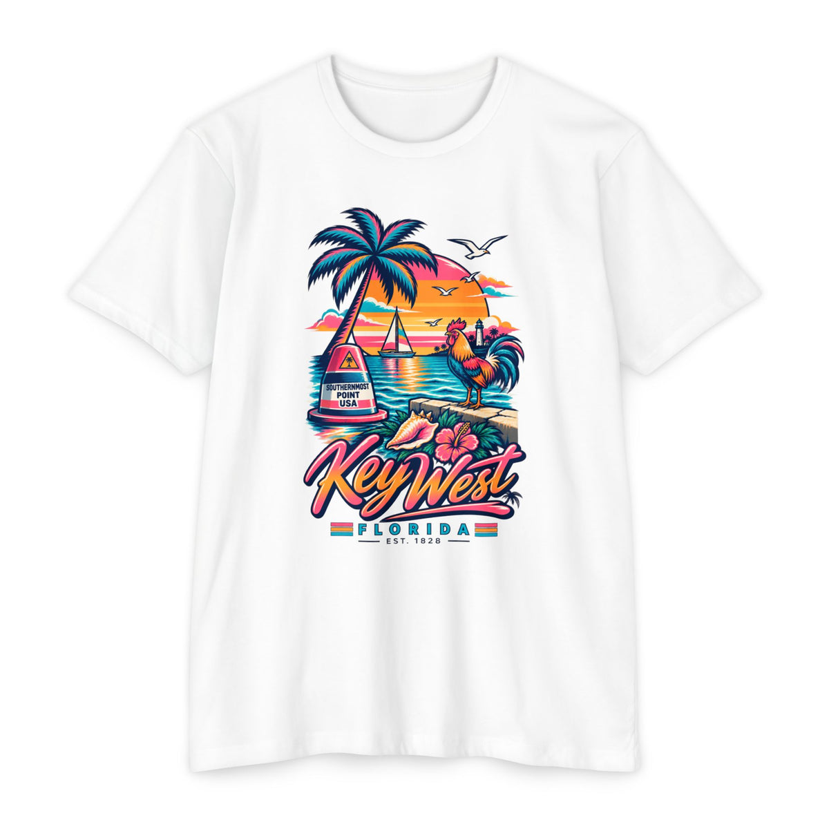 White Key West tropical sunset T-shirt with palm tree and flamingo front graphic
