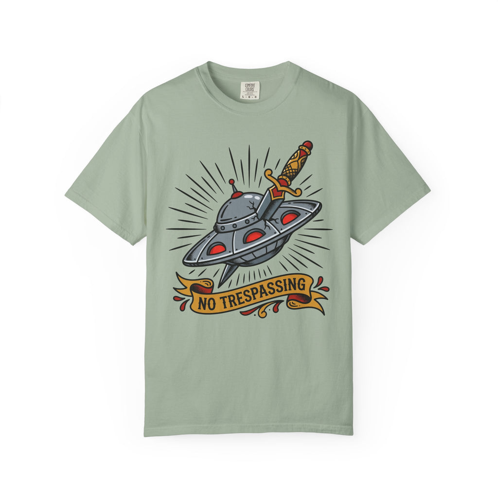 Sage green tee with UFO dagger graphic and 'No Trespassing'