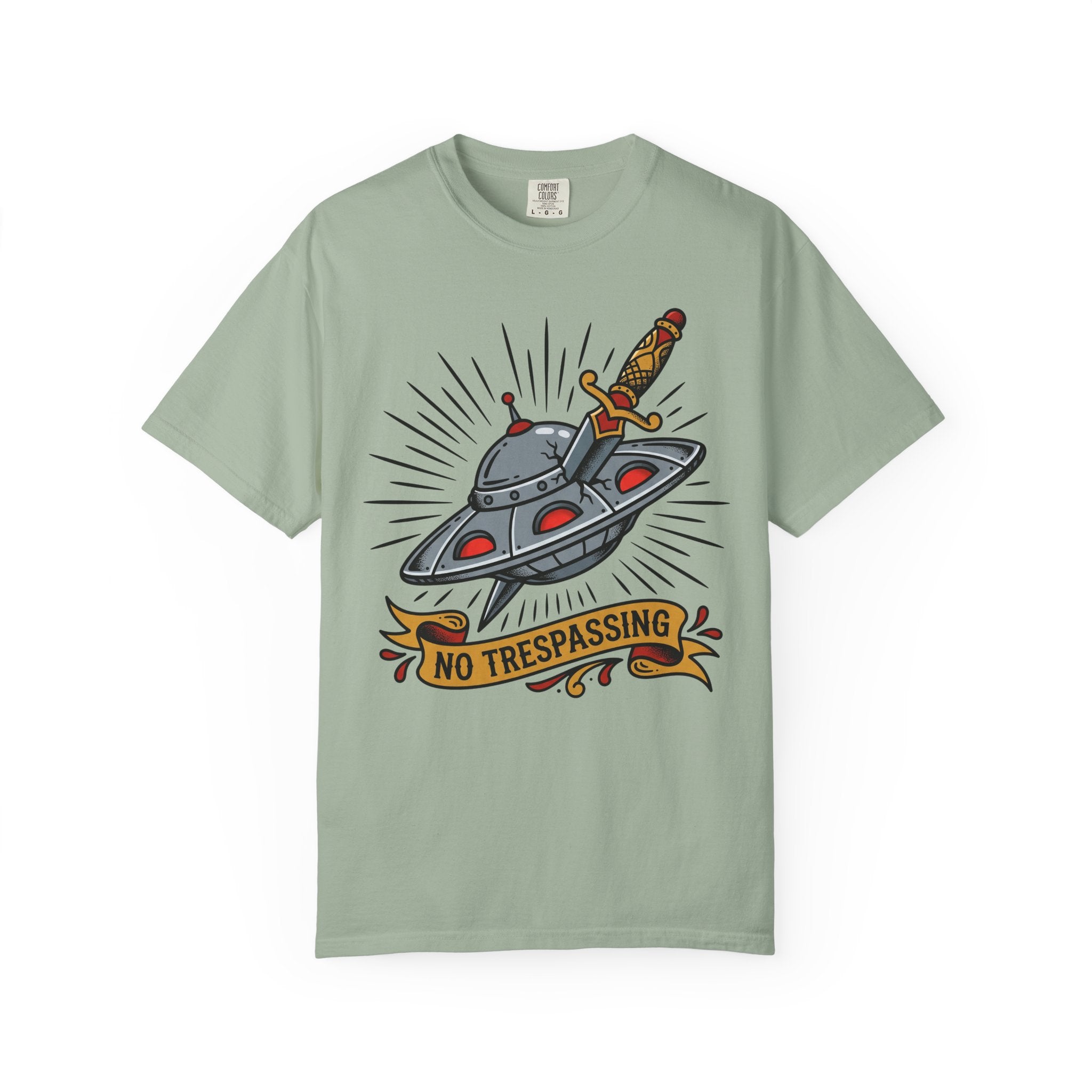 Sage green tee with UFO dagger graphic and 'No Trespassing'