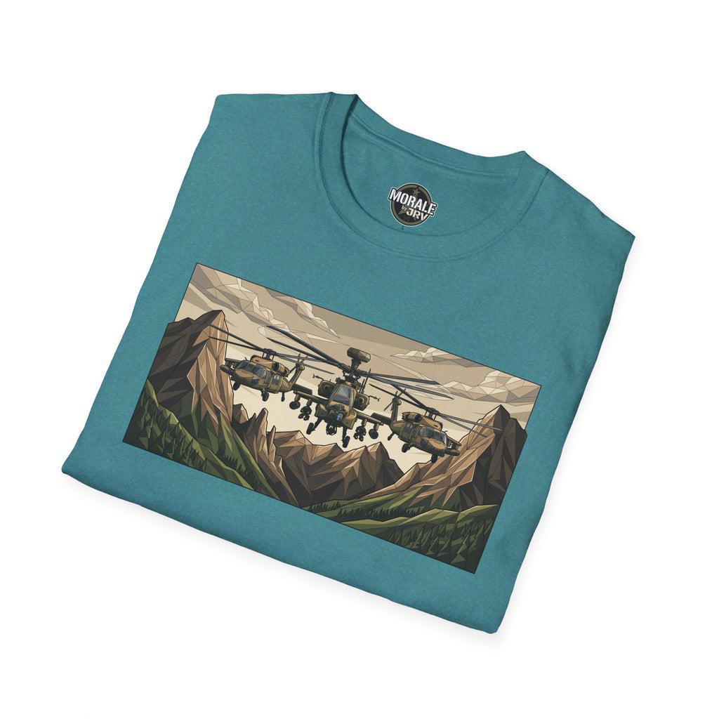 Teal T-shirt with helicopter and mountain landscape graphic across chest.