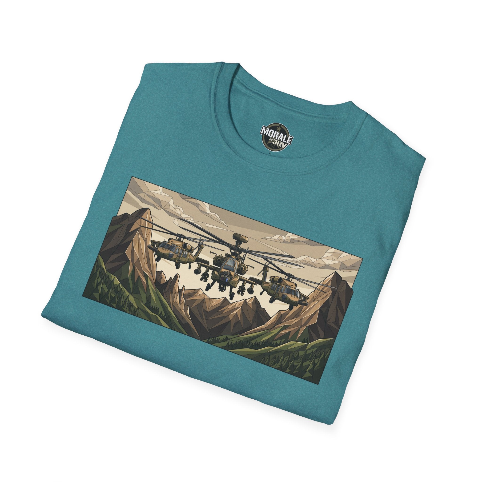 Teal T-shirt with helicopter and mountain landscape graphic across chest.