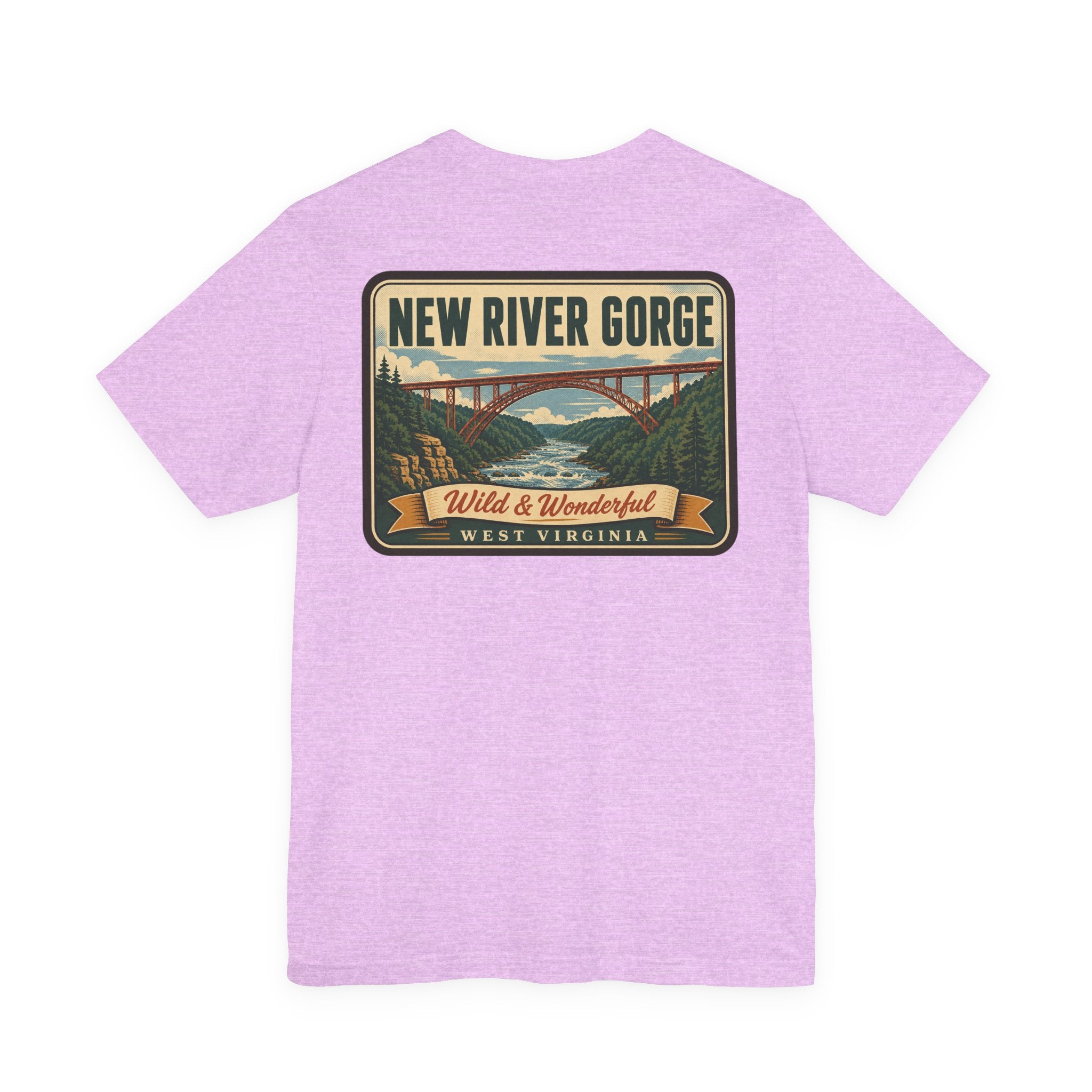 Lavender T-shirt with large New River Gorge bridge landscape back print