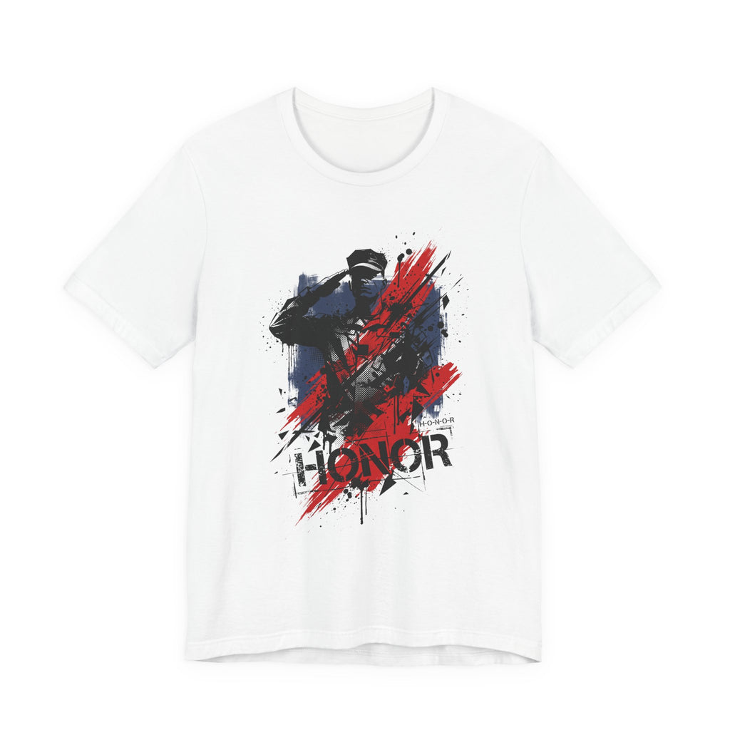 White t-shirt with 'HONOR' soldier graphic in red, white, and blue