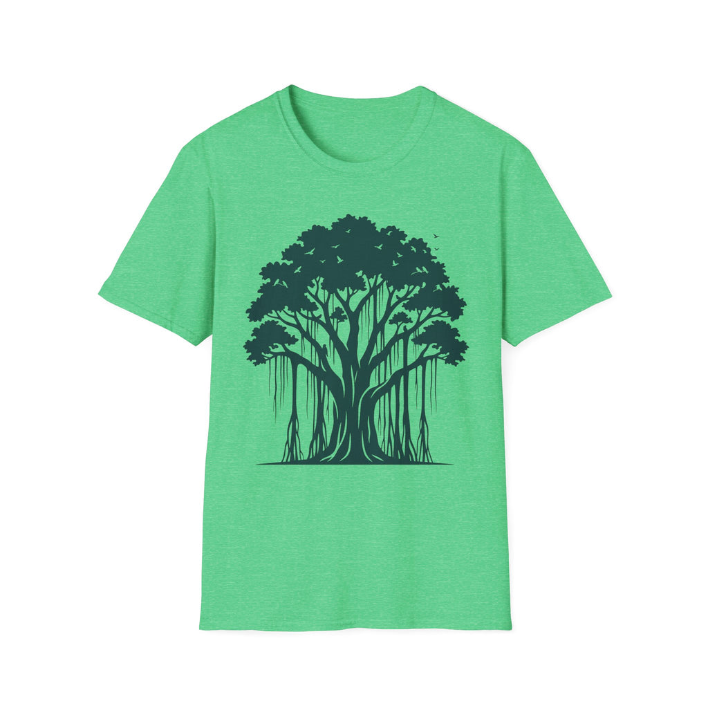 T-Shirt mit Banyan-Baum-Motiv, leuchtend grüner Stoff, Frontprint mit Baum und Wurzeln