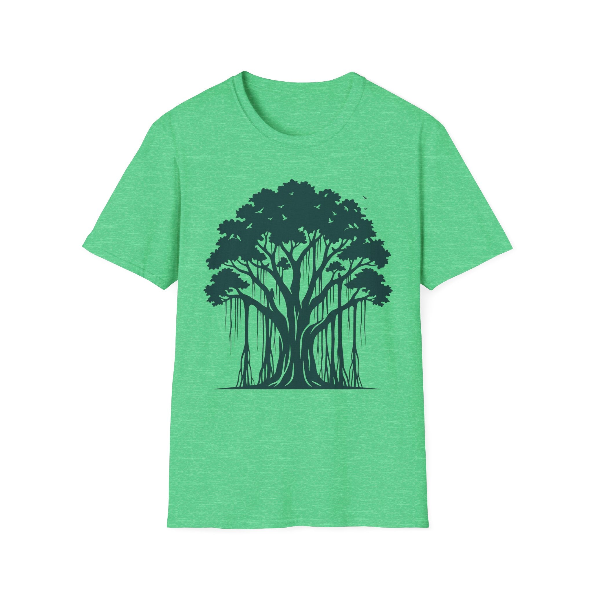 T-Shirt mit Banyan-Baum-Motiv, leuchtend grüner Stoff, Frontprint mit Baum und Wurzeln