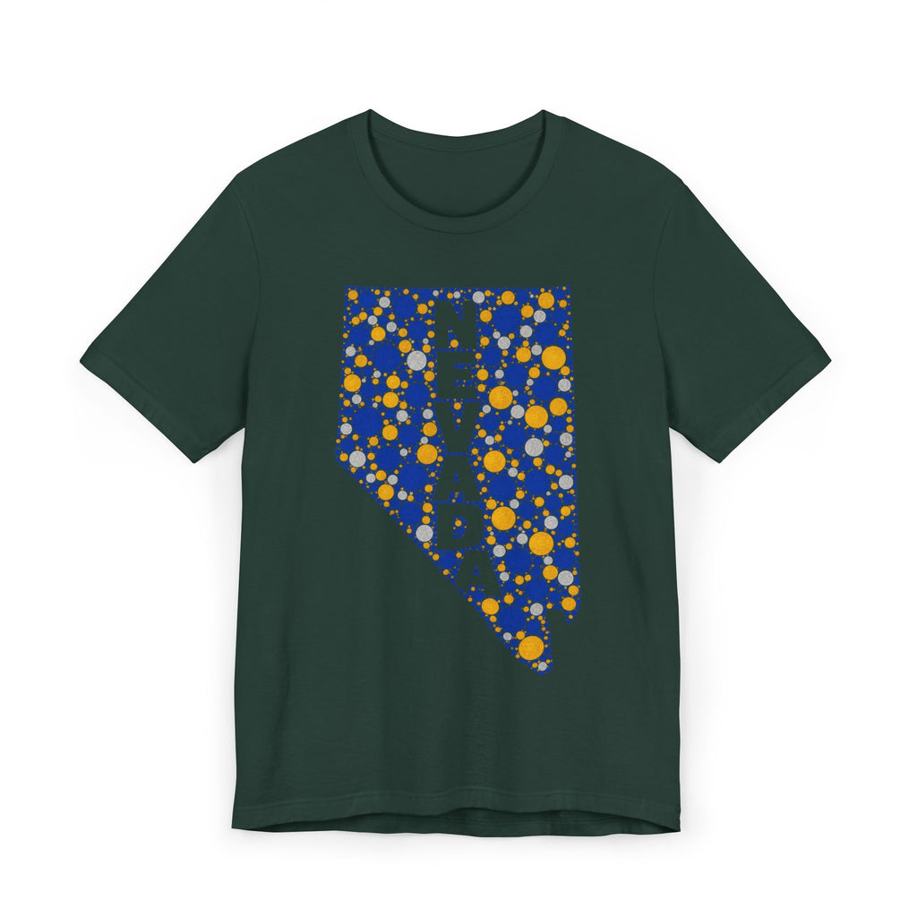 Dark green T-shirt with blue and gold polka-dot Nevada map graphic on the chest
