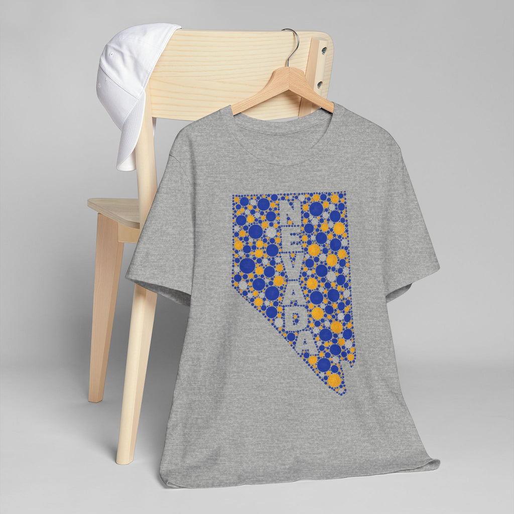 Heather gray T-shirt with blue and gold polka-dot Nevada map graphic on the chest