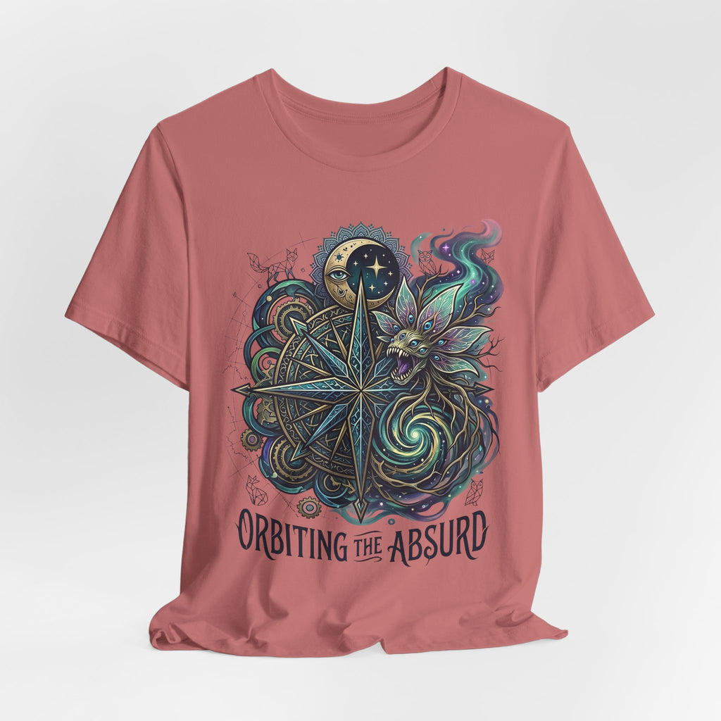 Dusty rose celestial compass cat T-shirt with 'ORBITTING THE ABSURD' text