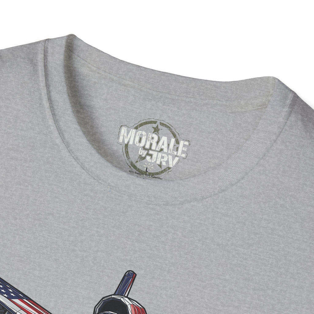 Heather gray T-shirt neckline with “MORALE by TRK” label