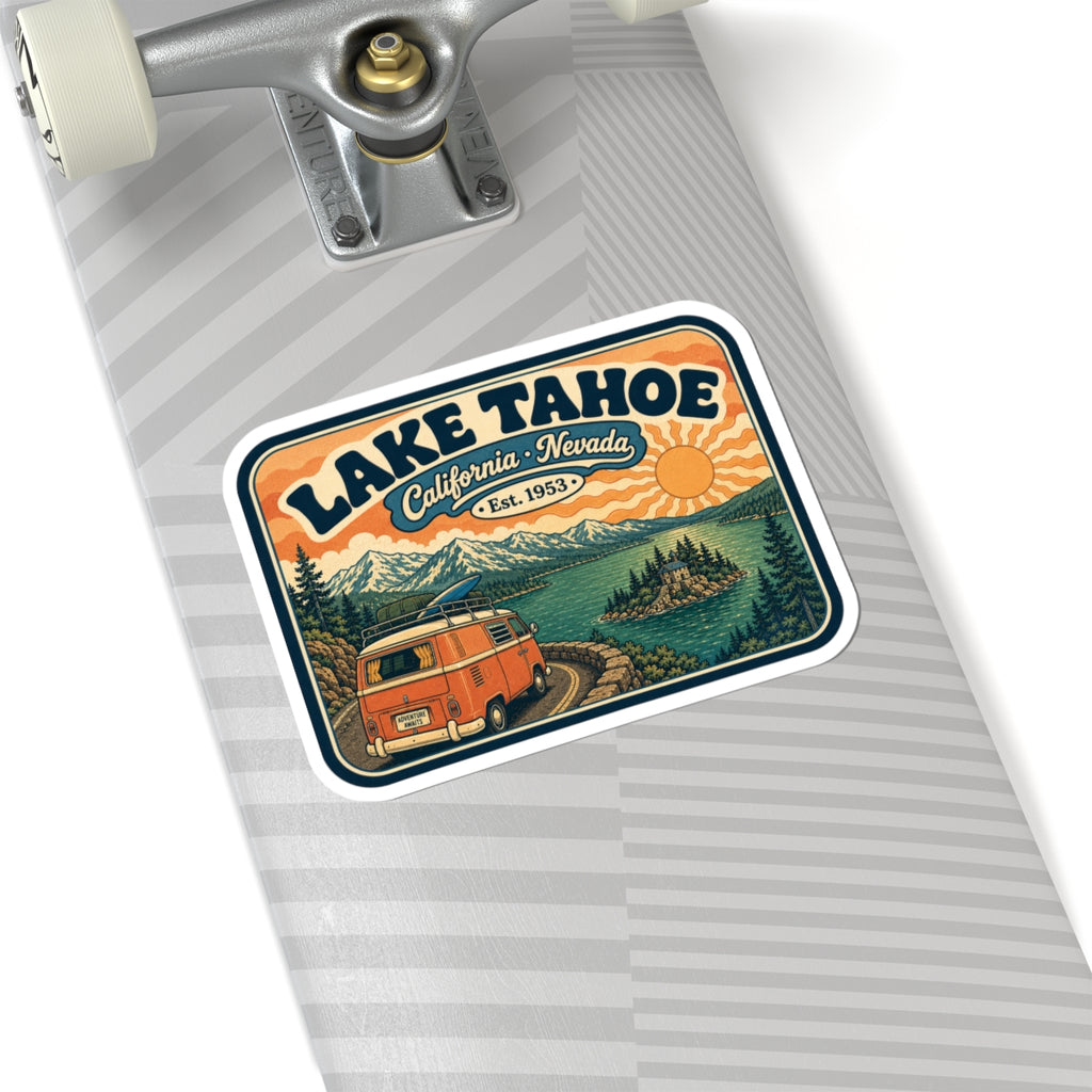 Kiss-cut sticker with Lake Tahoe title, orange camper van, and mountain lake graphic on bag.
