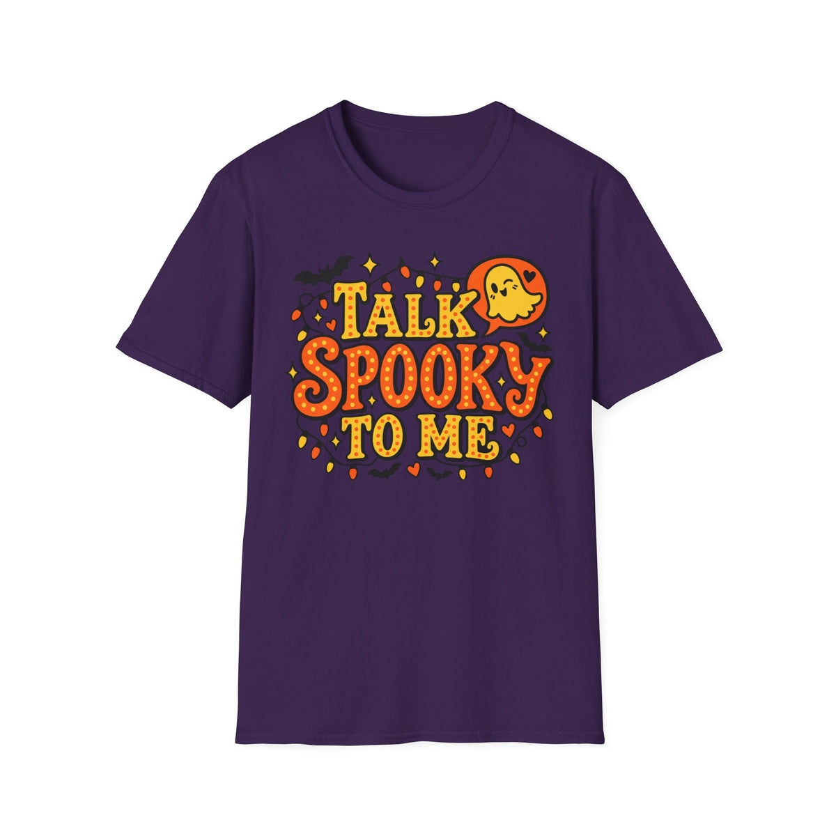 Dark purple Halloween t-shirt with 'Talk Spooky to Me' ghost graphic