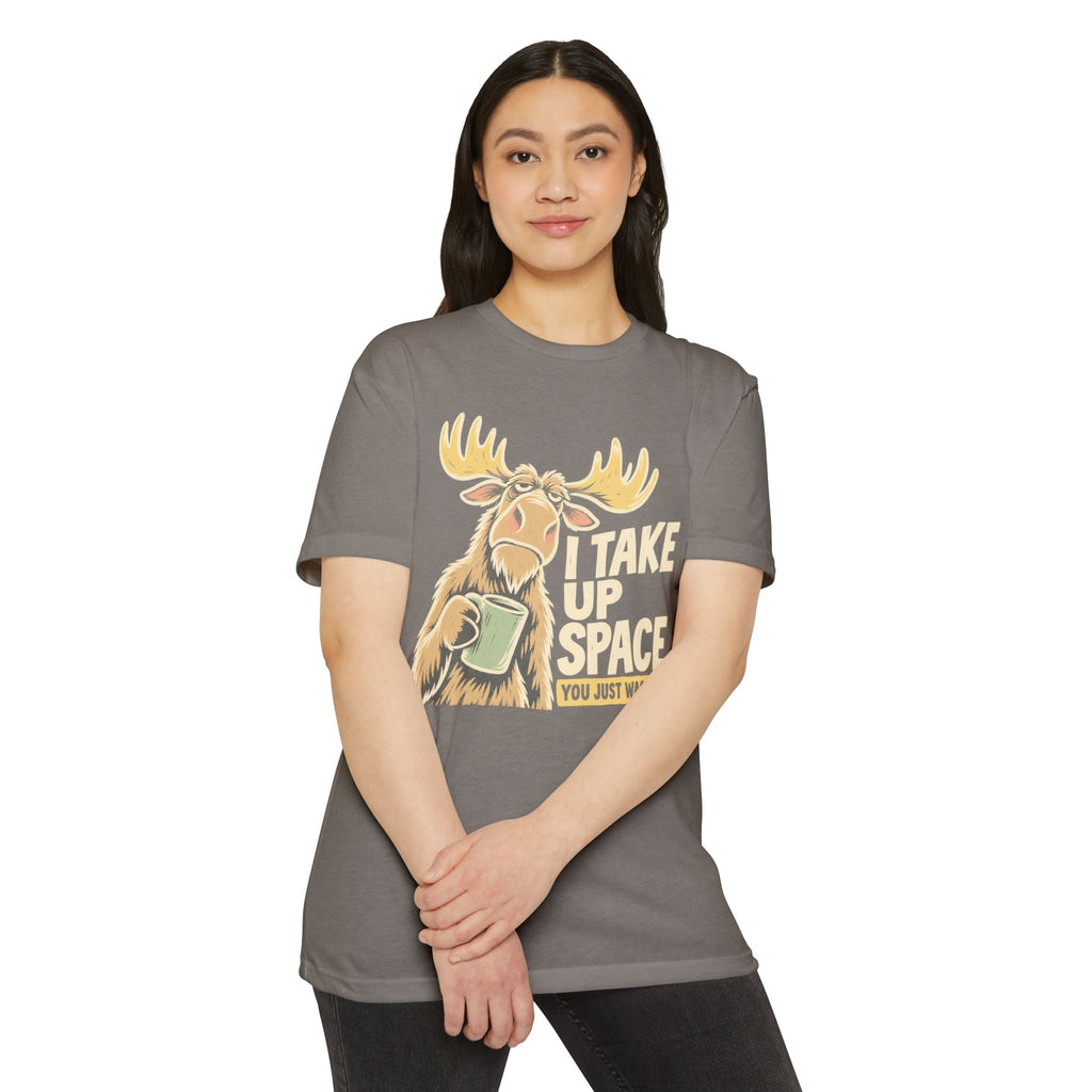 Medium gray moose graphic T-shirt with space-themed text on the front