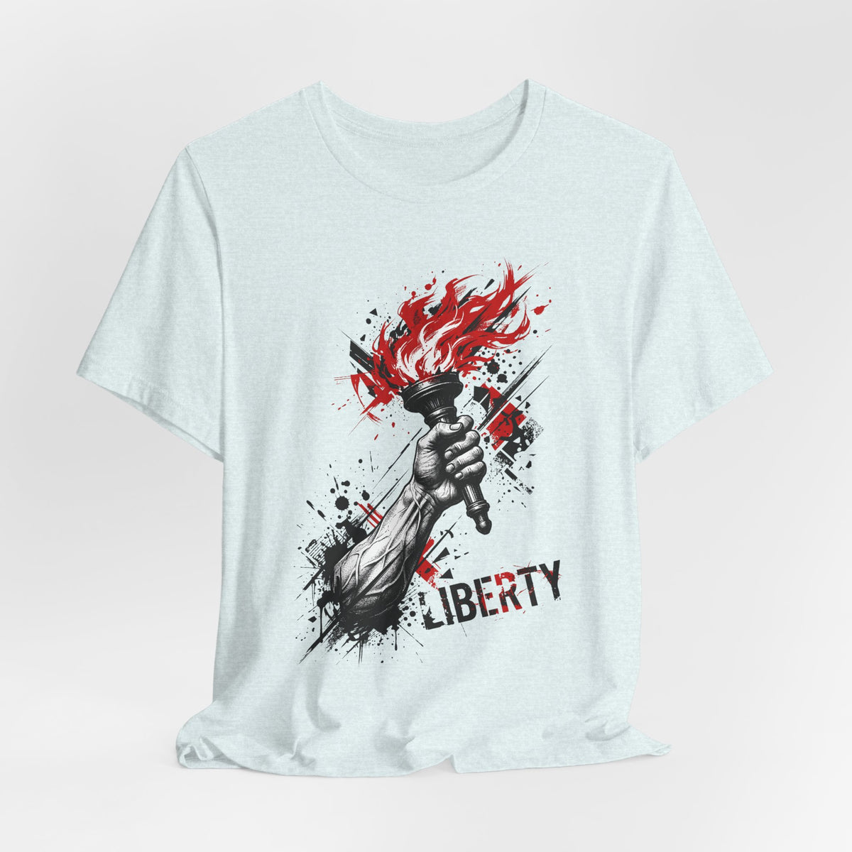 Light blue crew-neck T-shirt with red flame torch hand graphic and “LIBERTY” text