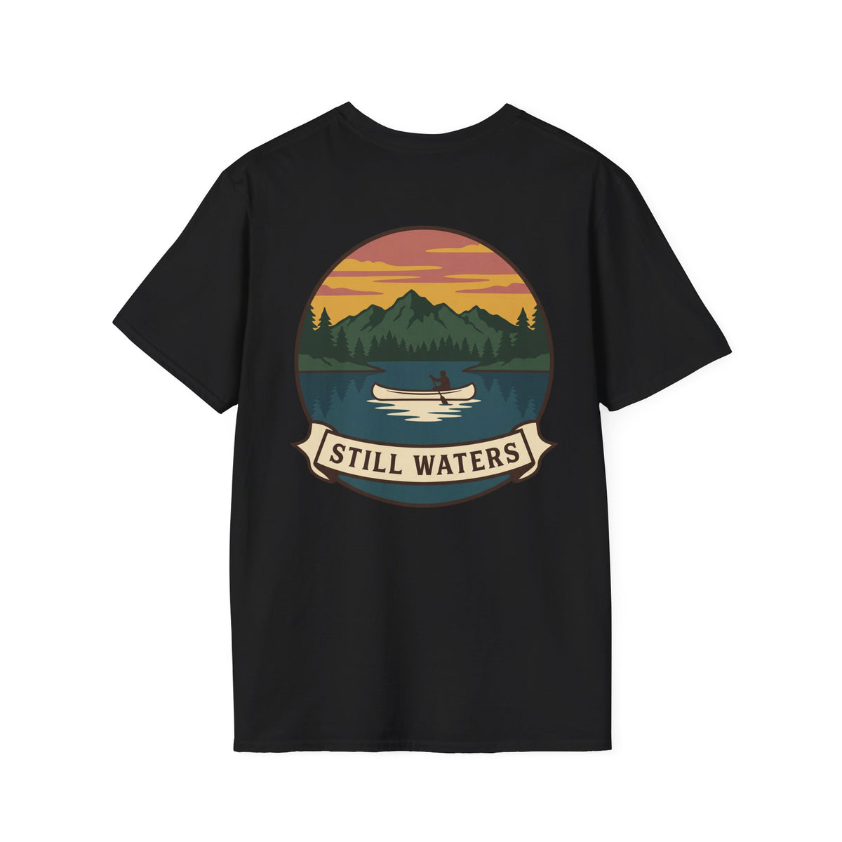 Black canoe lake scene T-shirt with “STILL WATERS” canoe badge graphic