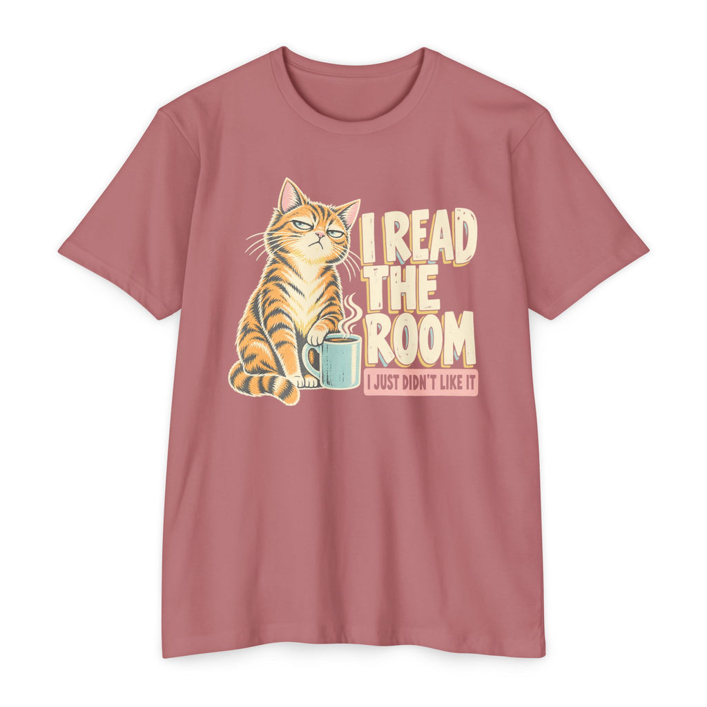 Dusty rose graphic cat T-shirt with 'I Read the Room' text and coffee cup