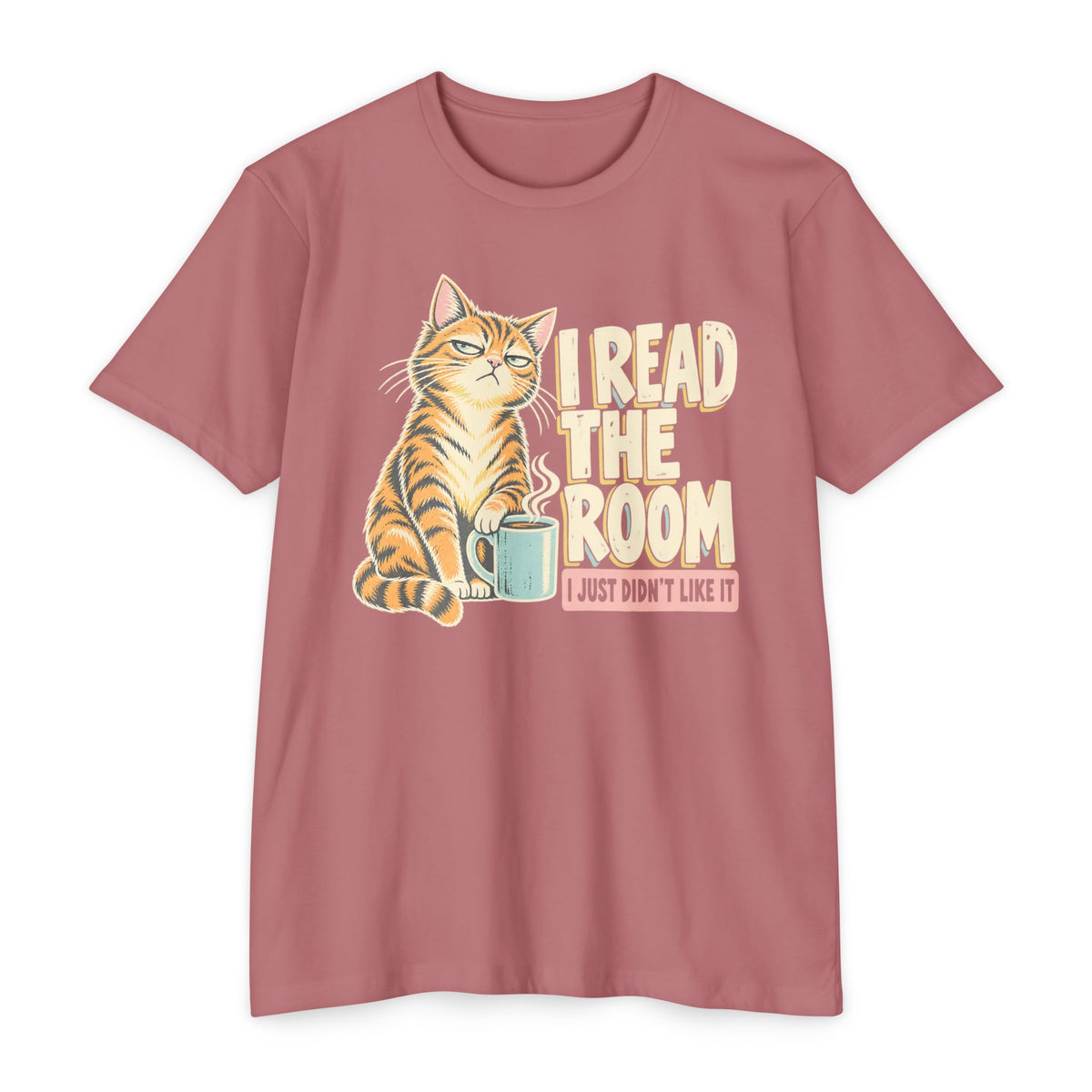 Dusty rose graphic cat T-shirt with 'I Read the Room' text and coffee cup