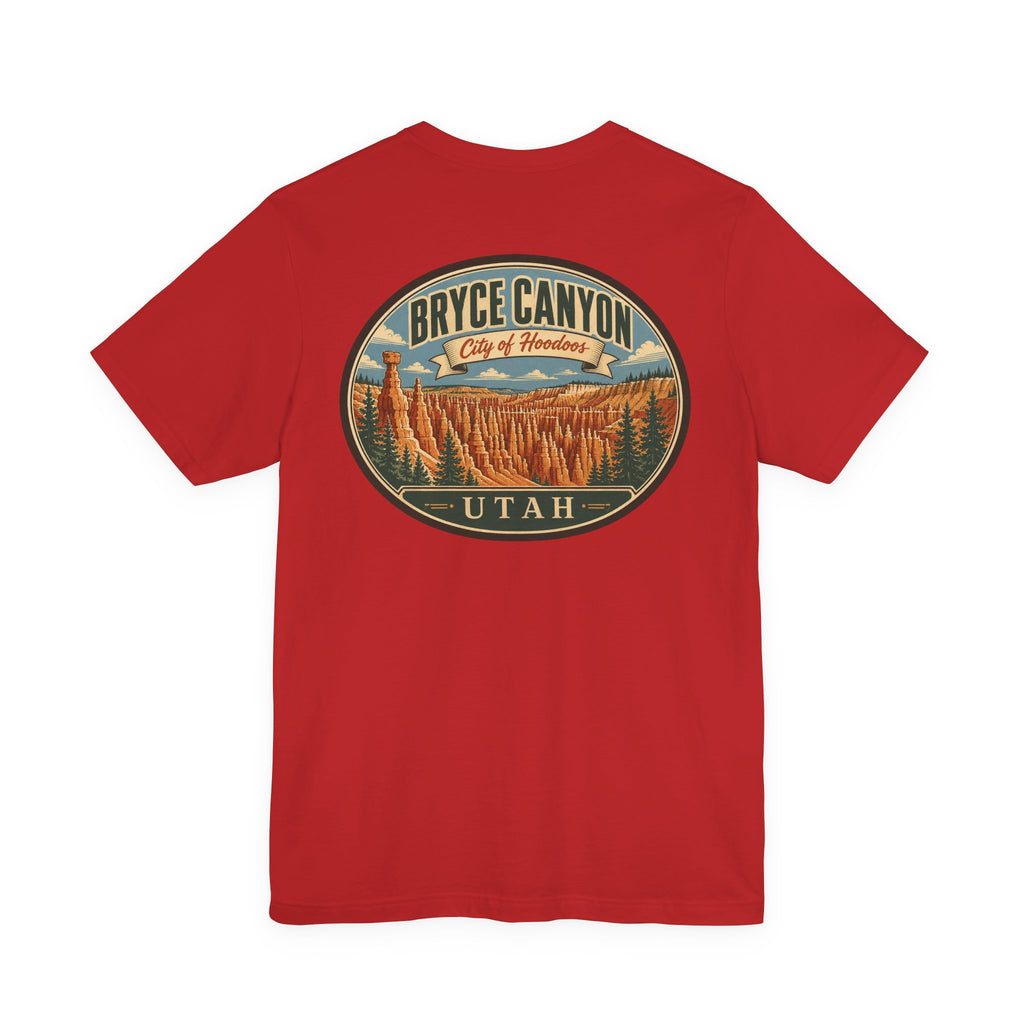 Red T-shirt with large Bryce Canyon Utah round graphic on the chest
