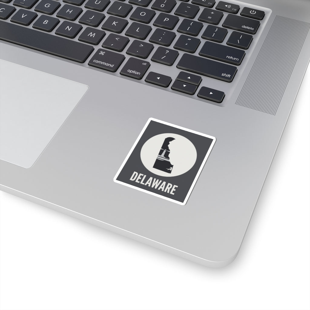Delaware state silhouette kiss-cut vinyl sticker, white square with black Delaware logo