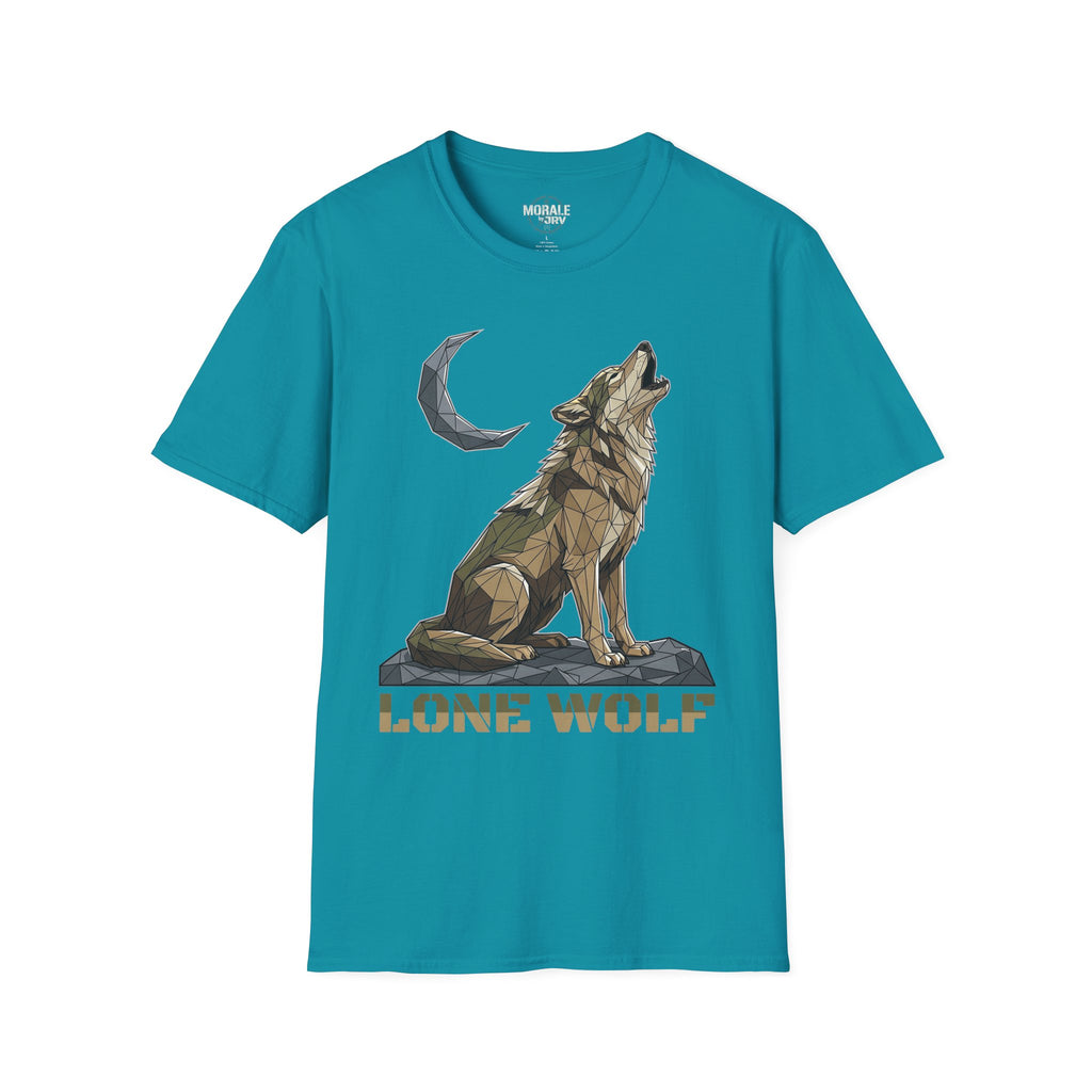 Teal T-shirt with geometric lone wolf howling, moon icon, and “LONE WOLF” text