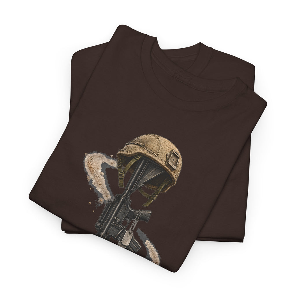 Dark brown T-shirt with distressed soldier helmet and rifle graphic on front