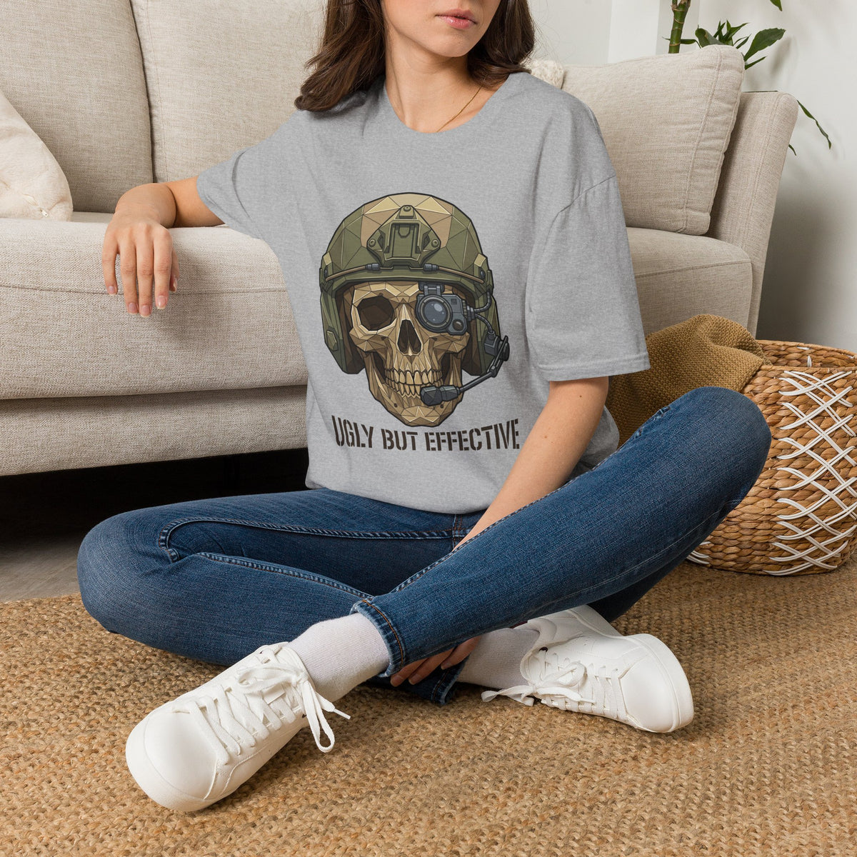Heather gray crew-neck t-shirt with tactical skull helmet graphic