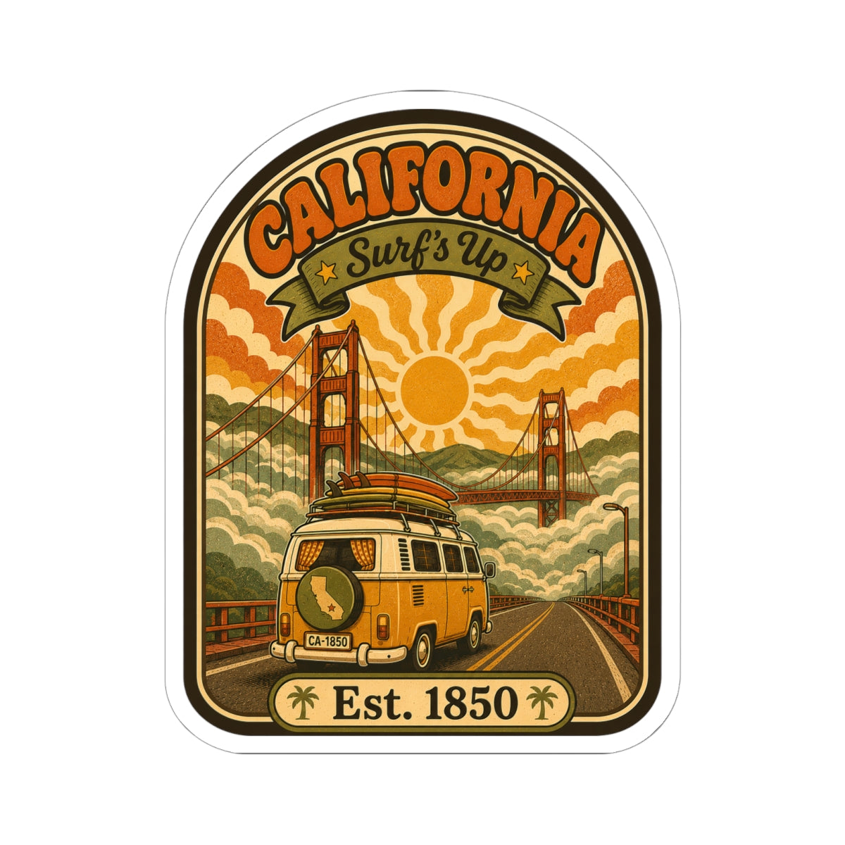 California travel sticker with “Surf’s Up,” a yellow van, bridge scene, and “Est. 1850”.