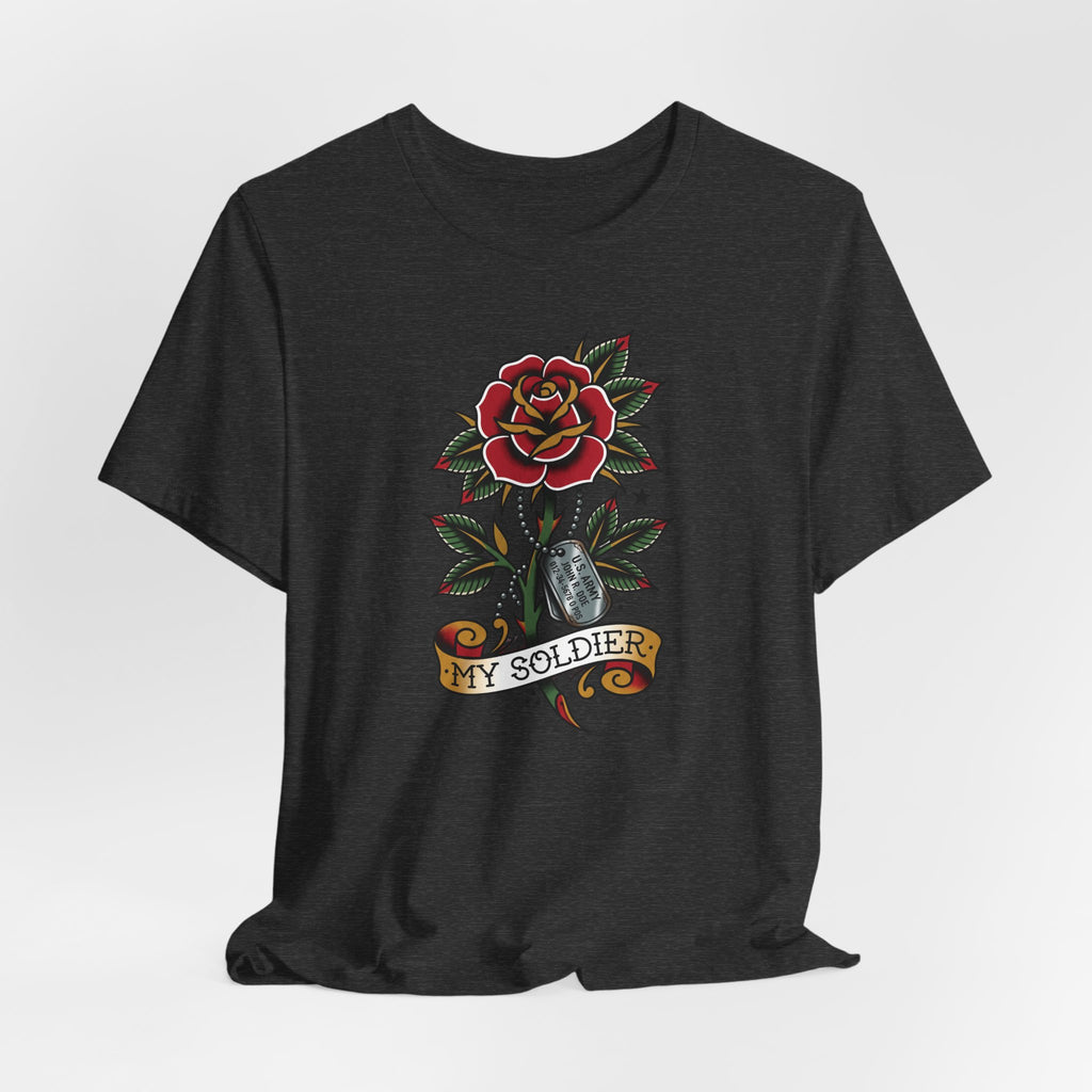 Charcoal T-shirt with red rose and dog tag 'My Soldier' graphic