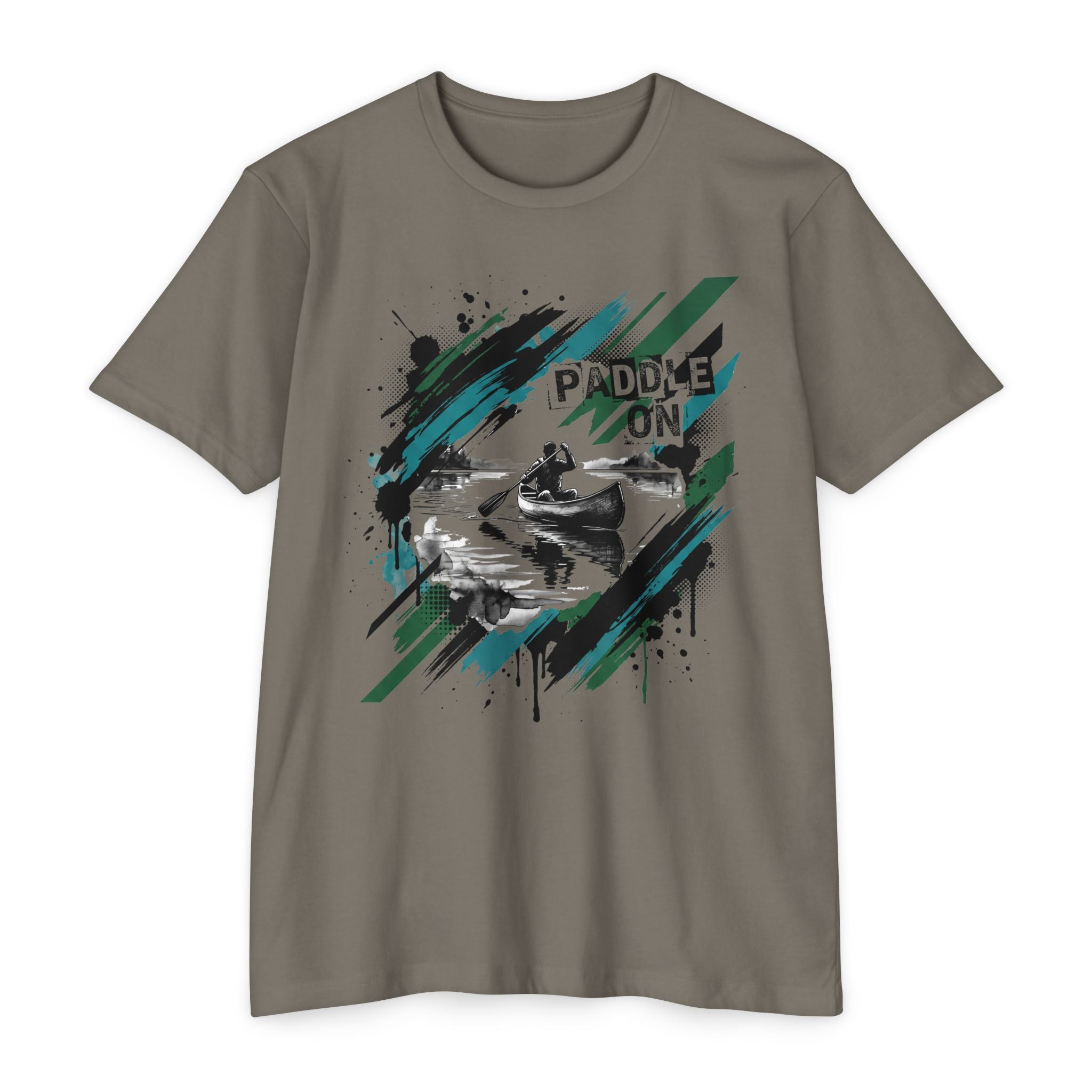 Dark gray T-shirt with front kayaking graphic reading “PADDLE ON”
