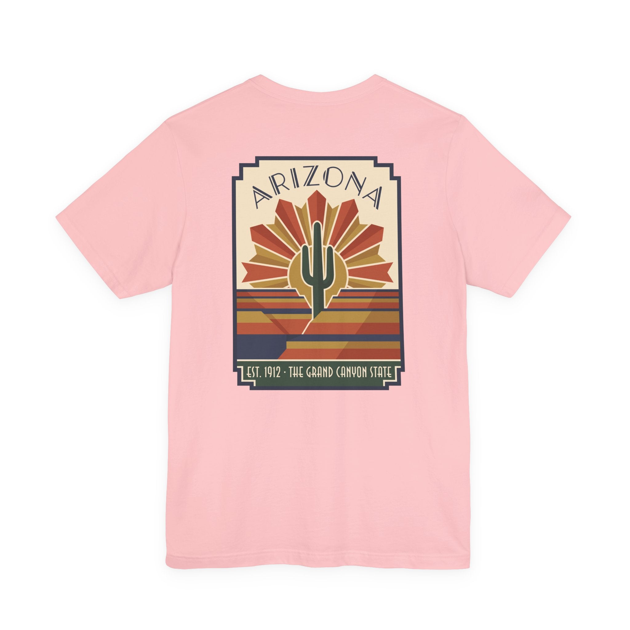 Light pink T-shirt with framed art deco cactus graphic on the chest.