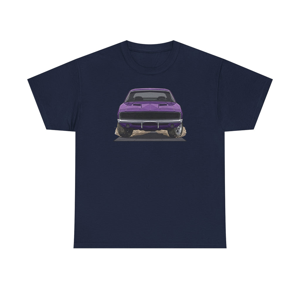 Navy T-shirt with purple retro muscle car graphic on the front