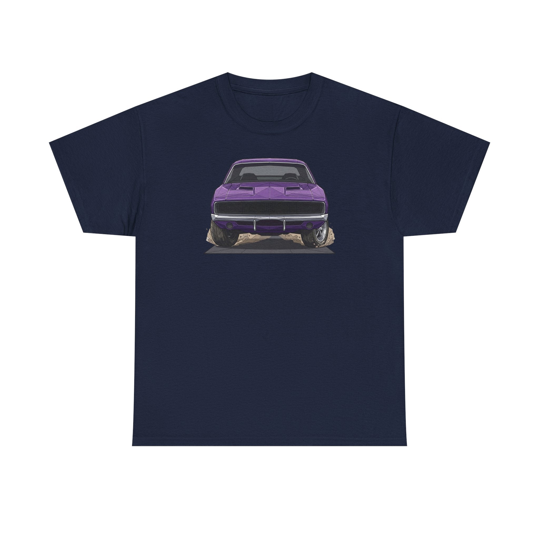 Navy T-shirt with purple retro muscle car graphic on the front